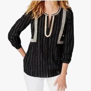 J.Jill Black Embroidered Peasant Tunic Top Boho Cotton Long Sleeve Blouse Medium